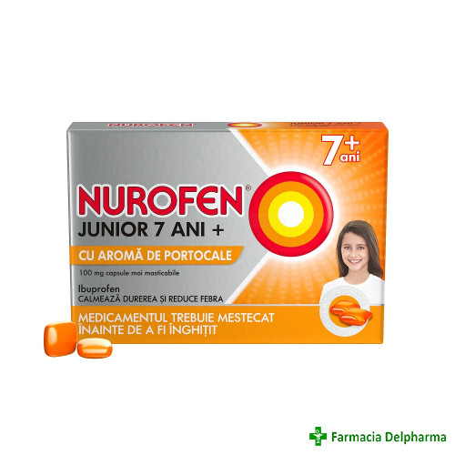 Nurofen Junior 7 ani+ cu aroma de portocale 100 mg x 12 caps. moi mast., Reckitt
