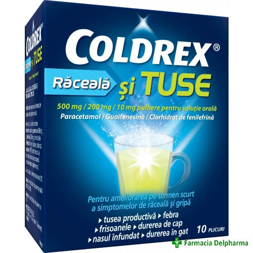 Coldrex Raceala si Tuse 500 mg/200 mg/10 mg x 10 plicuri, Perrigo