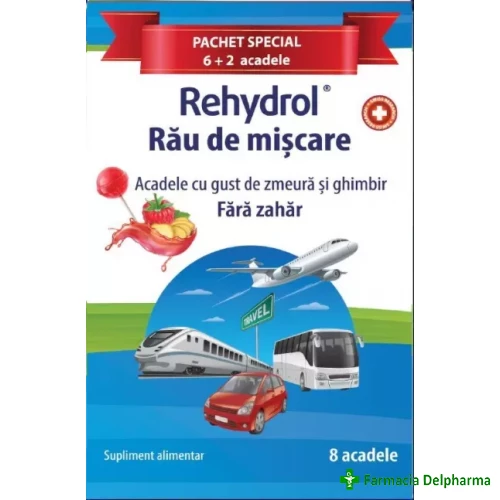 Rehydrol pentru rau de miscare cu aroma de zmeura si ghimbir acadele x 6 + 2 buc., MBA Pharma