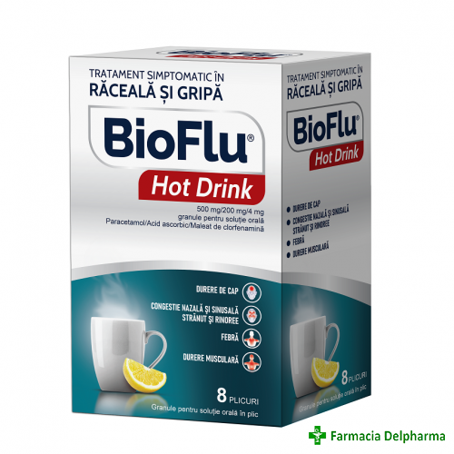 BioFlu Hot Drink 500 mg/200 mg/4 mg granule pentru suspensie orala x 8 plicuri, Biofarm