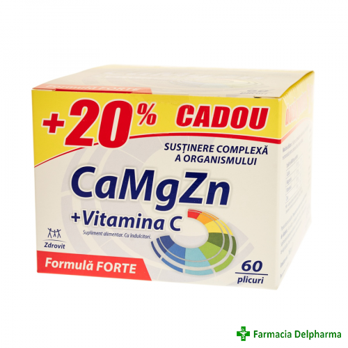 Calciu + Magneziu + Zinc + Vitamina C Forte x 60 plicuri (20% Cadou), Zdrovit