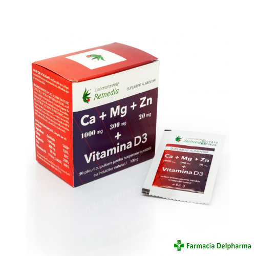 Calciu + Magneziu + Zinc + Vitamina D3 x 20 plicuri + 10 plicuri cadou, Remedia