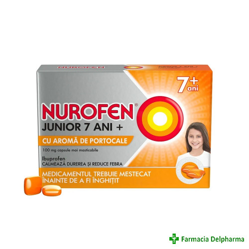 Nurofen Junior 7 ani+ cu aroma de portocale 100 mg x 24 caps. moi mast., Reckitt
