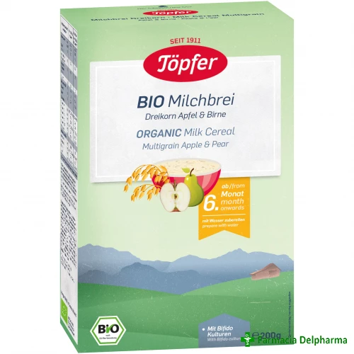 Cereale Topfer Bio gris cu lapte, mere si pere (6+) x 200 g, Topfer