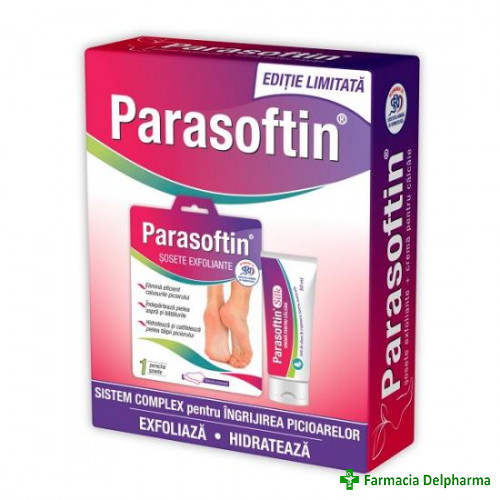 Parasoftin sosete exfoliante x 1 pereche + Crema pentru calcaie Parasoftin Silk x 50 ml, Zdrovit