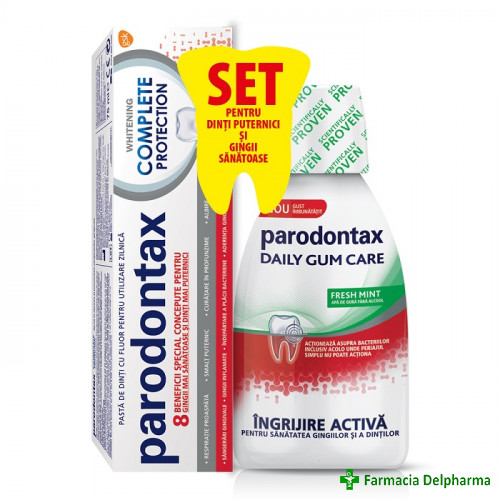 Pasta de dinti Parodontax Complete Protection Whitening x 75 ml + Apa de gura Parodontax Daily Gum Care Fresh Mint x 300 ml, GSK
