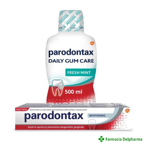 Pasta de dinti Parodontax Whitening x 75 ml + Apa de gura Parodontax Daily Gum Care Fresh Mint x 500 ml, GSK