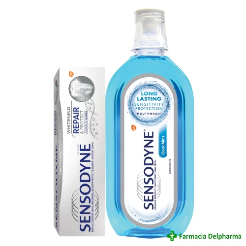 Pasta de dinti Sensodyne Repair & Protect Whitening x 75 ml + Apa de gura Sensodyne Cool Mint x 500 ml, GSK