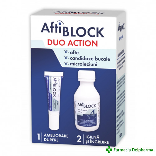 Aftiblock Duo Action gel x 8 g + Apa gura x 100 ml, Zdrovit