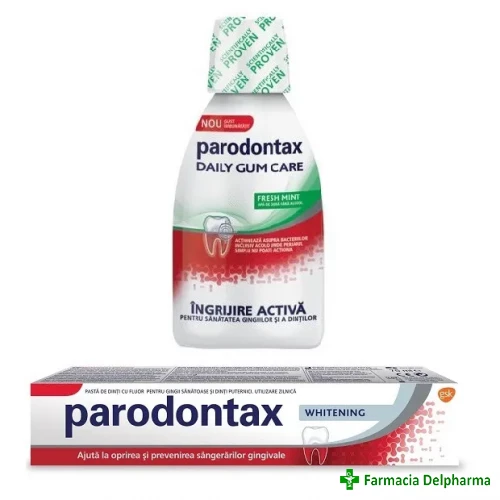 Pasta de dinti Parodontax Whitening x 75 ml + Apa de gura Parodontax Daily Gum Care Fresh Mint x 300 ml, GSK