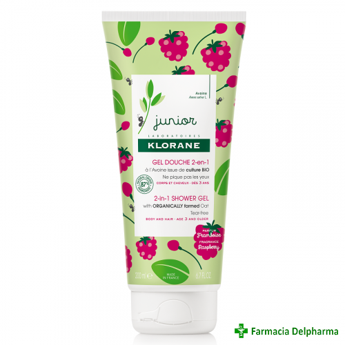 Gel 2in1 par & corp cu parfum de zmeura Klorane Junior x 200 ml, Pierre Fabre