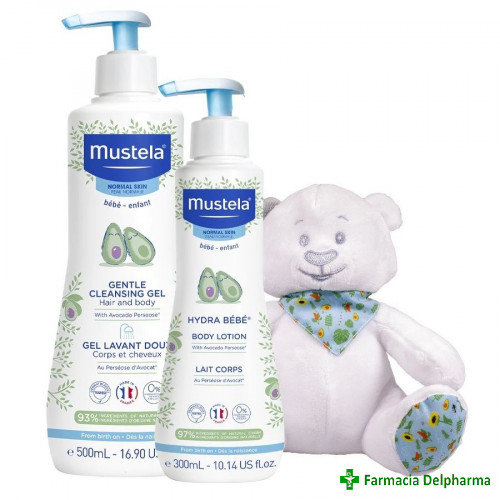 Gel de curatare 2 in 1 par si corp x 500 ml +  Lotiune corp Hydra Bebe x 300 ml + Ursulet, Mustela