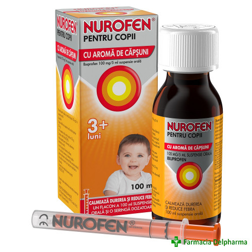 Nurofen sirop pentru copii 3 luni+ cu aroma de capsuni 100 mg/5 ml x 100 ml, Reckitt