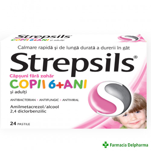 Strepsils Capsuni fara zahar 6+ ani x 24 pastile, Reckitt