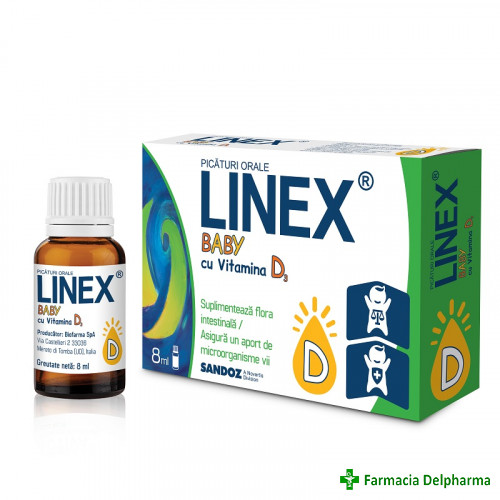 Linex Baby cu Vitamina D3 picaturi x 8 ml, Sandoz