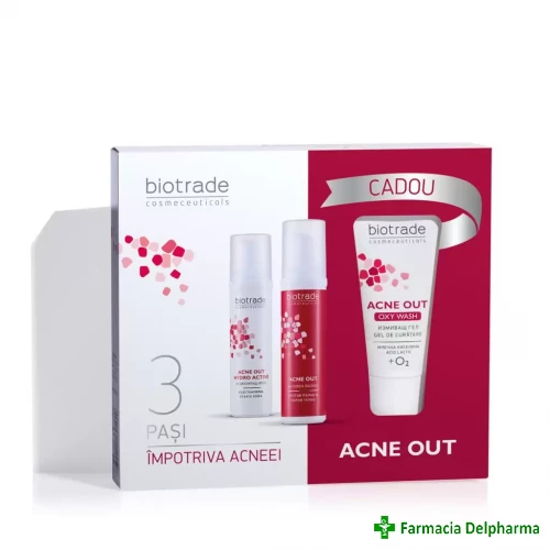 Pachet Acne Out Crema hidratanta Hydro Active x 60 ml + Lotiune activa x 60 ml + Gel curatare Oxy Wash x 50 ml, Biotrade