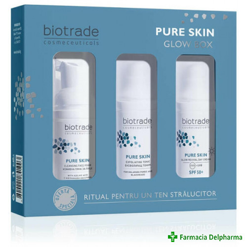 Pachet Pure Skin Glow Box Spuma curatare x 20 ml + Tonic exfoliant x 20 ml + Crema iluminatoare SPF50+ x 20 ml, Biotrade
