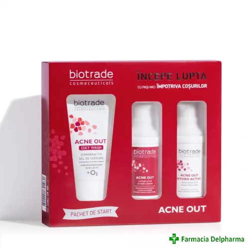 Pachet Acne Out Gel curatare Oxy Wash x 50 ml + Lotiune activa x 20 ml + Crema hidratanta Hydro Active x 20 ml, Biotrade