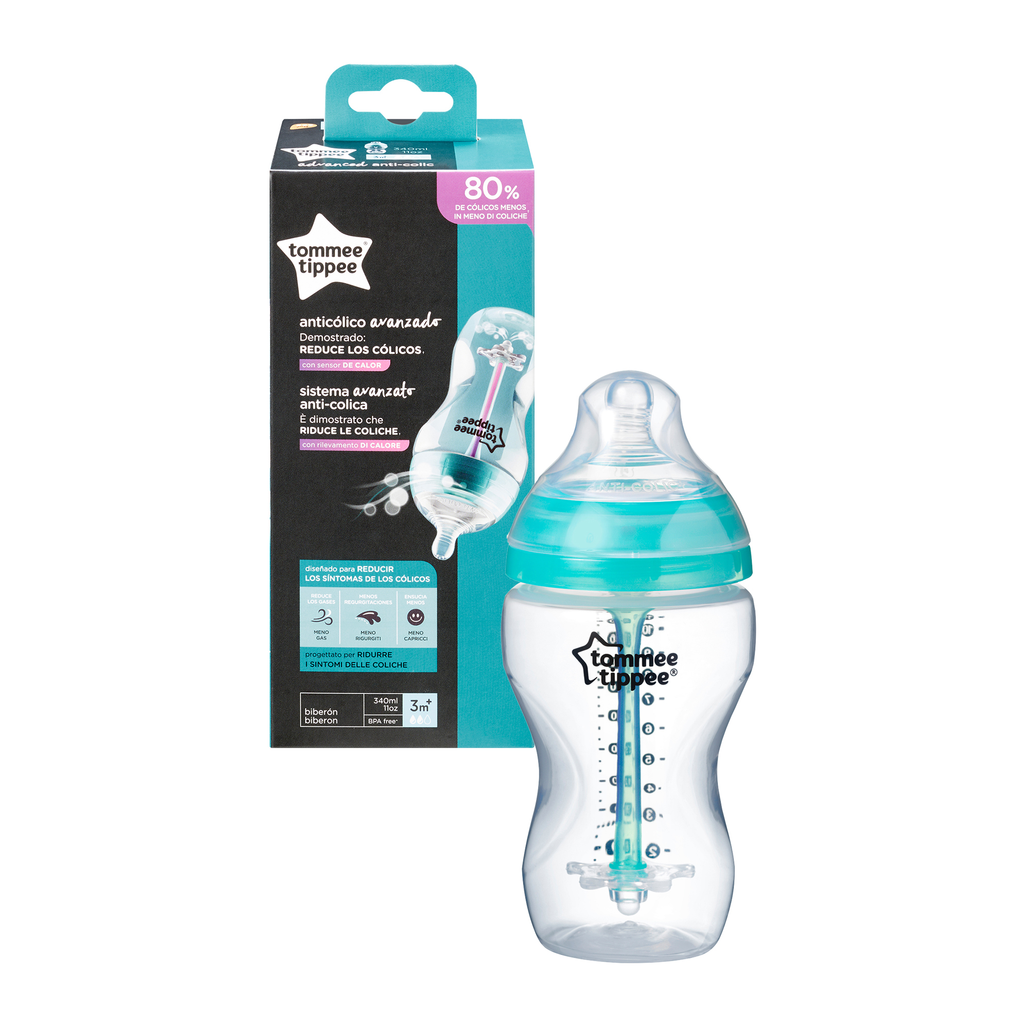 Biberon Advanced cu sistem de ventilatie anti-colici 3 luni+ Turcoaz x 340 ml TT0023, Tommee Tippee