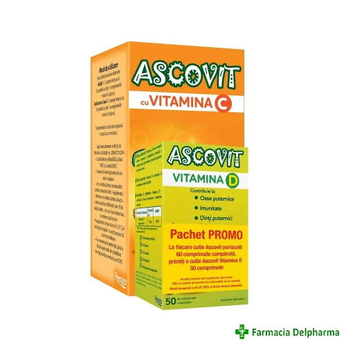 Ascovit cu Vitamina C aroma Portocale x 60 compr. + Ascovit Vitamina D3 x 50 compr., Perrigo