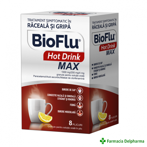 BioFlu Hot Drink Max 1000 mg/200 mg/4 mg granule pentru suspensie orala x 8 plicuri, Biofarm
