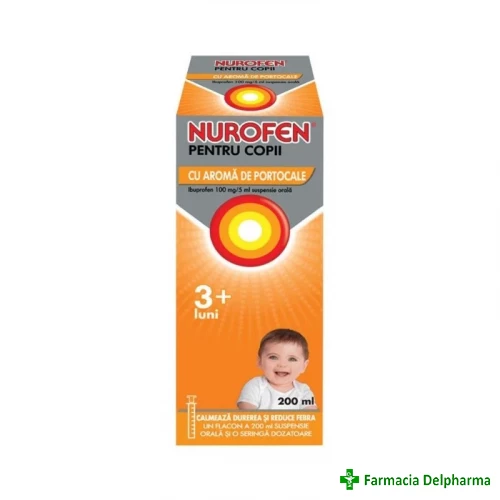 Nurofen sirop pentru copii 3 luni+ cu aroma de portocale 100 mg/5 ml x 200 ml, Reckitt