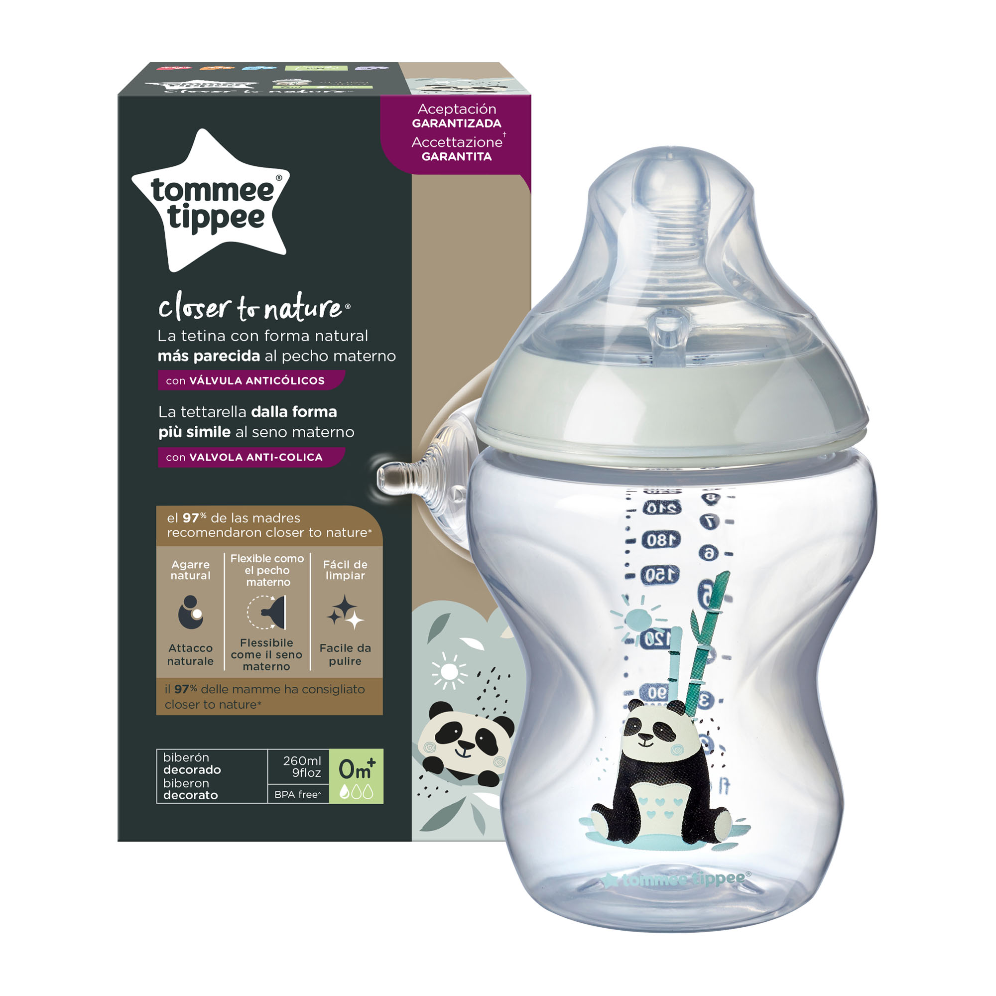 Biberon Closer to Nature 0 luni+ Ursuleti Panda x 260 ml TT0033-URS-PANDA, Tommee Tippee