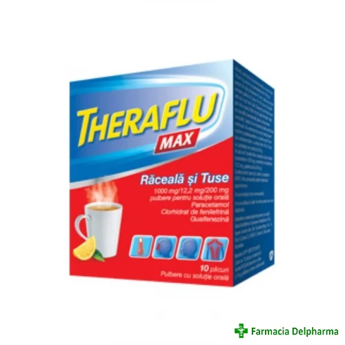 Theraflu Max Raceala si Tuse 1000 mg/12,2 mg/200 mg x 10 plicuri, GSK