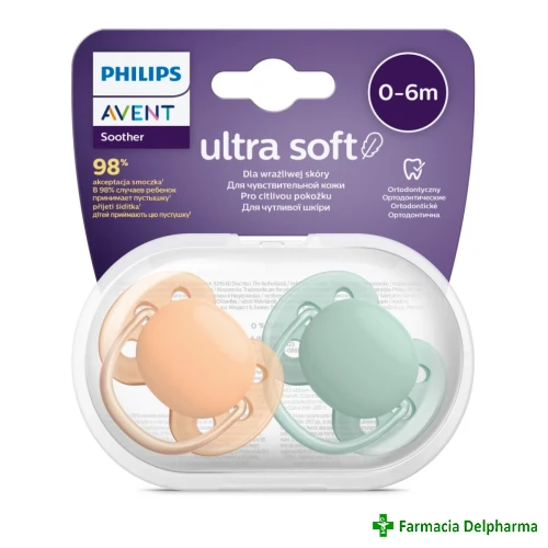 Suzeta Ultra Soft 0-6m verder/portocaliu x 2 buc. SCF091/03, Avent