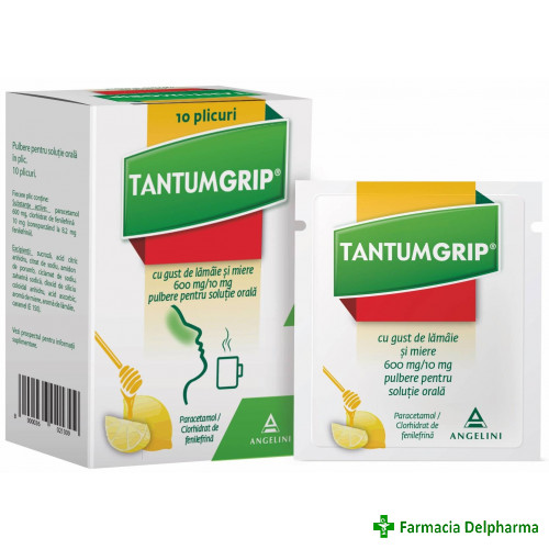 TantumGrip cu gust de lamaie si miere 600 mg/10 mg x 10 plicuri, Angelini