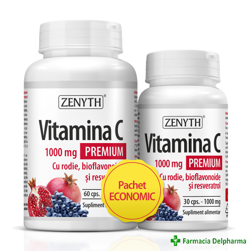 Vitamina C 1000 mg Premium cu rodie x 60 caps. + 30 caps. Pachet Economic, Zenyth