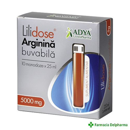 Arginina buvabila LiliDose 5000 mg aroma zmeura 10 monodoze x 25 ml, Adya