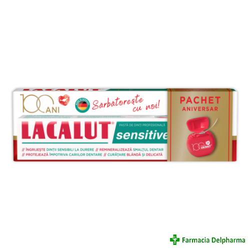 Pasta de dinti Lacalut Sensitive x 75 ml + Ata dentara x 10 m, Zdrovit