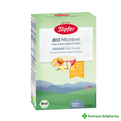 Cereale Topfer Bio ovaz cu lapte, mere si vanilei (6+) x 200 g, Topfer