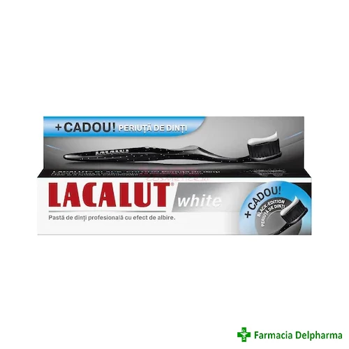 Pasta de dinti Lacalut White x 75 ml + Periuta Black Cadou, Zdrovit